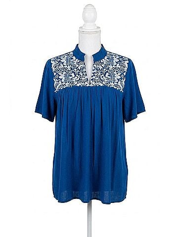 Layers Clothing Embroidered Ruffle Collar Top in Royal (view 1)