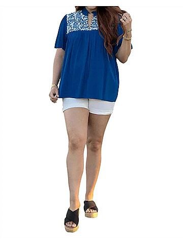Layers Clothing Embroidered Ruffle Collar Top in Royal (view 2)