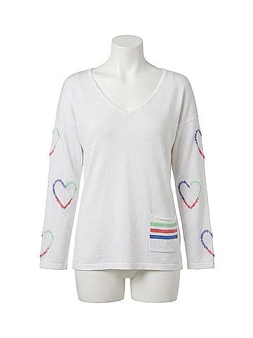 French Kyss Heart Sleeve V Neck Top in White/Multi (view 1)