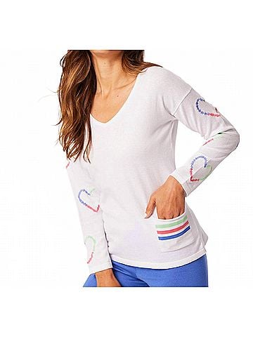 French Kyss Heart Sleeve V Neck Top in White/Multi (view 2)