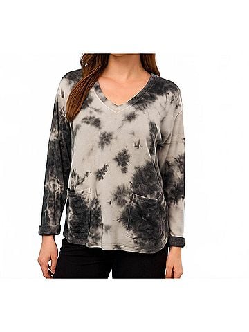 French Kyss Tie Dye V Neck Top in White/Black (view 2)
