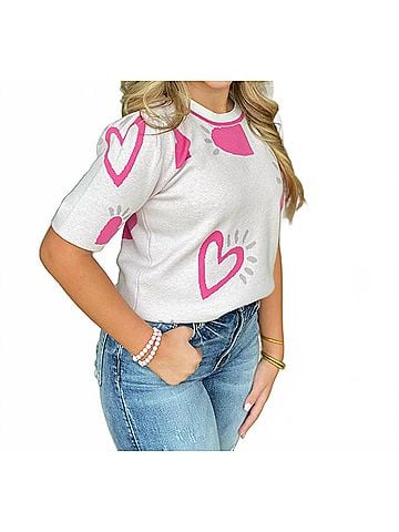 Fate Heart Short Sleeve Sweater Top in Pink (view 2)