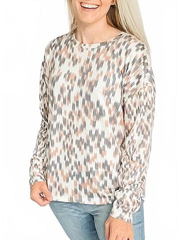 Tribal Fuzzy Soft Crew Neck Combo Print Knit Top in Multi (view 2)