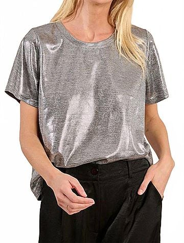Molly Bracken Shiny Tee Top in Silver (view 2)