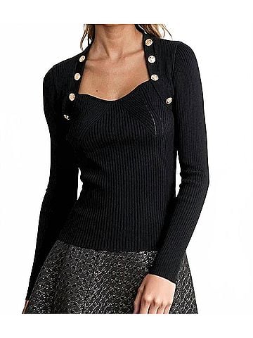 Flying Tomato Claire Long Sleeve Ribbed Knit Top in Black (view 2)