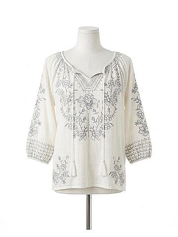 Paparazzi Embroidered Linen Blend Blouse in White/Grey (view 1)