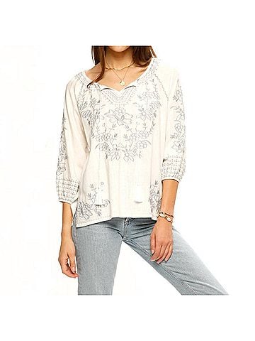 Paparazzi Embroidered Linen Blend Blouse in White/Grey (view 2)