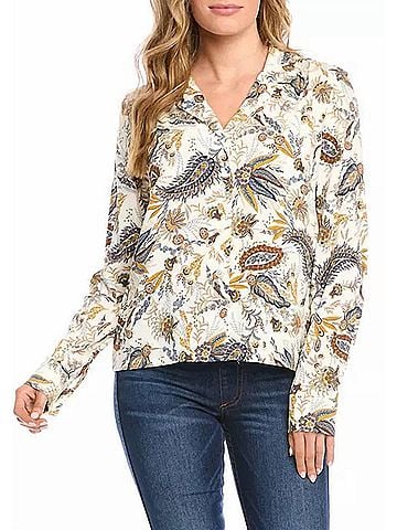 Karen Kane Paula Paisley Long Sleeve Button Down Shirt in Gold, Blue, Off White (view 2)