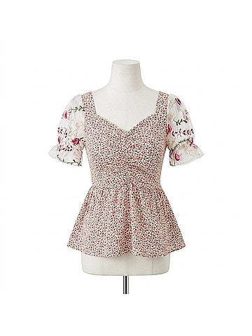 Kori America Floral Embroidered Mesh Sleeve Knit Top in Romantic Spring Style (view 1)