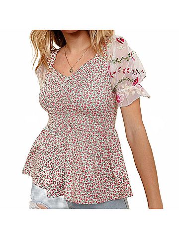 Kori America Floral Embroidered Mesh Sleeve Knit Top in Romantic Spring Style (view 2)