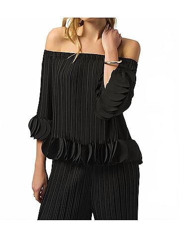 Joseph Ribkoff Lightweight Pleated Off-Shoulder Top in Black (view 2)