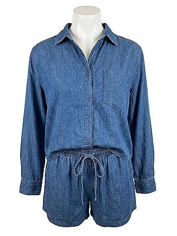 Bobi Cropped Button Front Top in Blue (view 1)