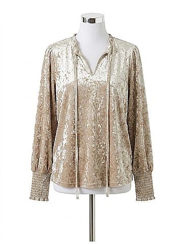 Mystree Prosecco Smocked Velvet Blouse in Beige (view 1)