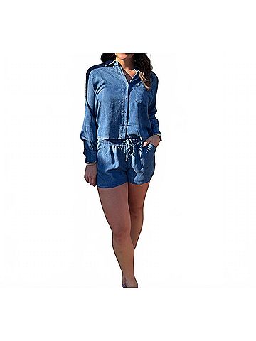 Bobi Cropped Button Front Top in Blue (view 2)