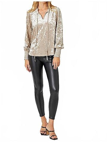 Mystree Prosecco Smocked Velvet Blouse in Beige (view 2)