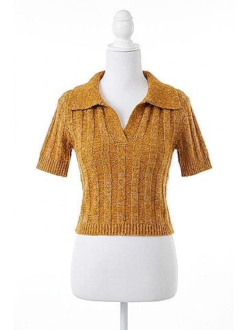 She + Sky Collared Short Sleeves Cropped Knit Top in Caramel (view 1)