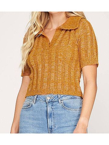 She + Sky Collared Short Sleeves Cropped Knit Top in Caramel (view 2)