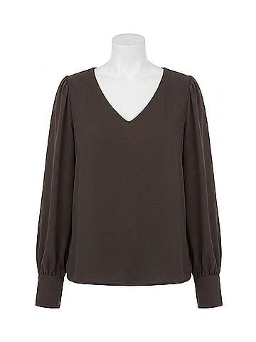 Karen Kane Phaedra Puff Sleeve V-Neck Top in Brown (view 1)