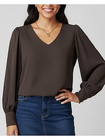 Karen Kane Phaedra Puff Sleeve V-Neck Top in Brown (view 2)