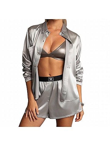 HEROINE SPORT Satin Snap Closure Shirt in Silver (view 2)