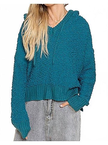 Pol Textured Knit Hoodie in Teal (view 2)