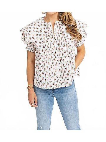 Karlie Floral Collar Button Top in Ivory (view 2)