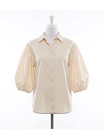 Karlie Solid Poplin Button Top in Ivory (view 1)