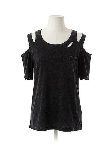 Pol Distressed Short Sleeve Cotton Top in Black (view 1)