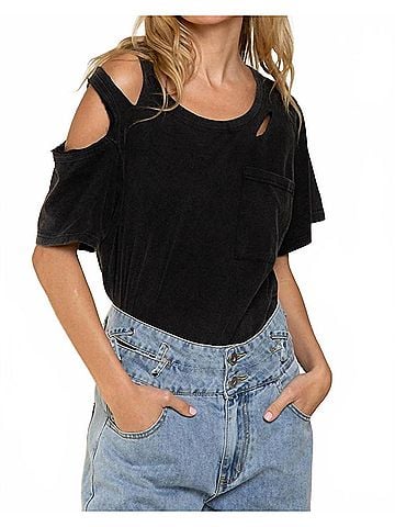 Pol Distressed Short Sleeve Cotton Top in Black (view 2)