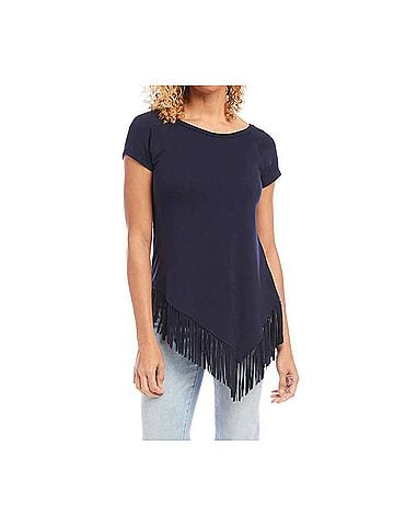 Karen Kane Nelly Angled Fringe Short Sleeve Top in Navy (view 2)
