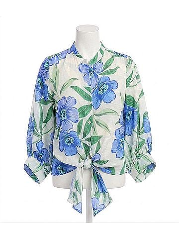 Karen Kane Fallon Floral Print Tie Front Top in Blue (view 1)