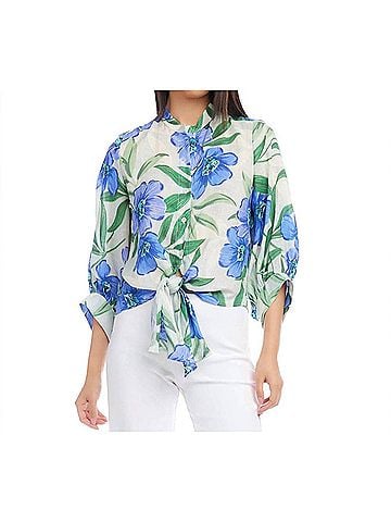 Karen Kane Fallon Floral Print Tie Front Top in Blue (view 2)