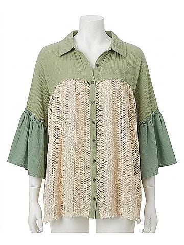 Pol Bliss Button-Front Blouse in Beige/ Green (view 1)