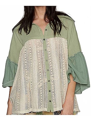 Pol Bliss Button-Front Blouse in Beige/ Green (view 2)