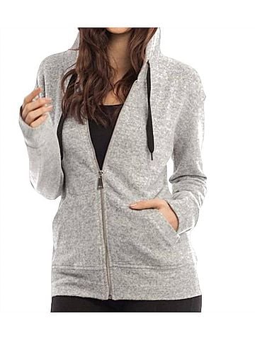 French Kyss Kourtney Kashmira Zip-Up Hooded Sweatshirt in Beige (view 2)