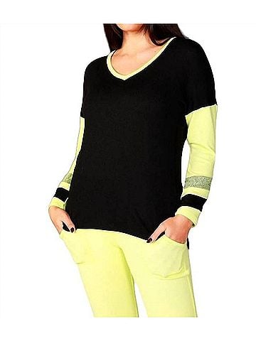 French Kyss Color Block V-Neck With Stripe in Black/Lime (view 2)