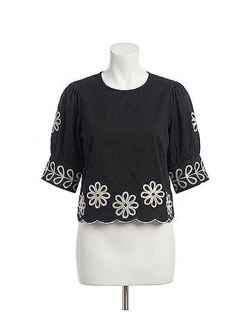 Karen Kane Tesni Three Quarter Sleeve Embroidered Scallop Top in Black And Cream (view 1)