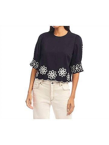 Karen Kane Tesni Three Quarter Sleeve Embroidered Scallop Top in Black And Cream (view 2)