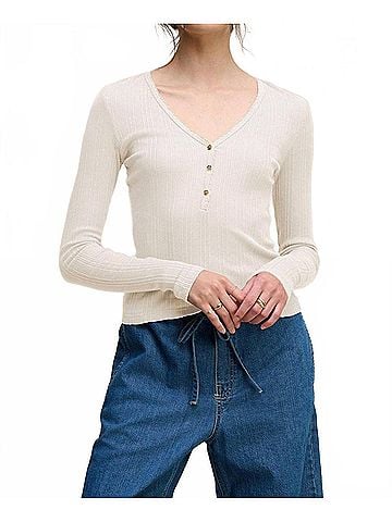 Velvet by Graham & Spencer Winona Pointelle Henley Top in Ecru (view 2)