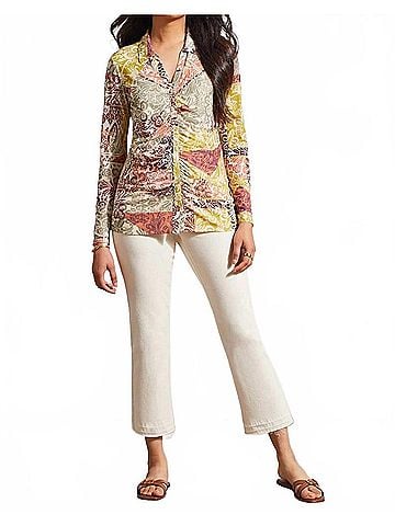 Tribal Verity V-Neck Collared Long Sleeve Top in Cactus (view 2)