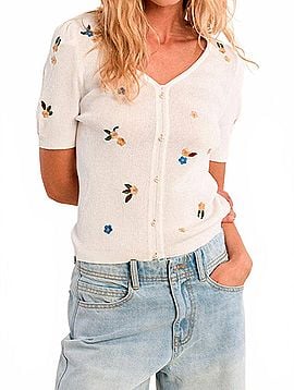 Molly Bracken Embroidered Buttoned Pearl Top in White Floral (view 2)