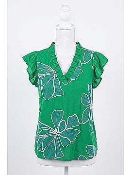 VOY Applique Floral Ruffle Top in Green (view 1)