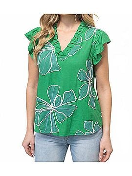 VOY Applique Floral Ruffle Top in Green (view 2)