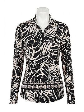 Tribal Modern Palm Leaf Print Quarter Zip Long Sleeve Top in Black (view 1)