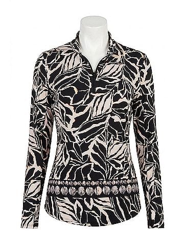 Tribal Modern Palm Leaf Print Quarter Zip Long Sleeve Top in Black (view 1)