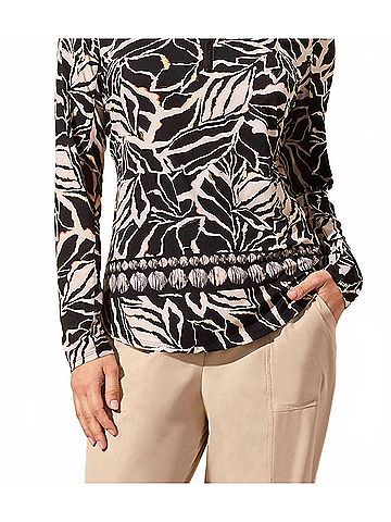 Tribal Modern Palm Leaf Print Quarter Zip Long Sleeve Top in Black (view 2)
