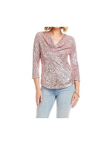 Karen Kane 3/4 Sleeve Drape Front Sequin Top in Pink (view 2)