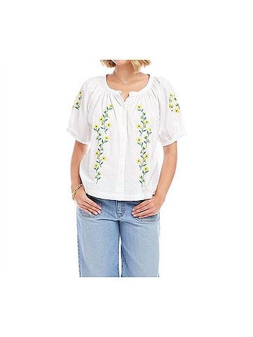 Karen Kane Puff Sleeve Embroidered Peasant Top in Off White (view 2)