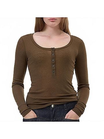 Closed Deep Scoopneck Long Sleeve Tee in Green (view 2)