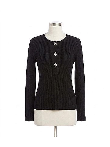 Karen Kane Long Sleeve Ribbed Flower Button Detail Top in Black (view 1)